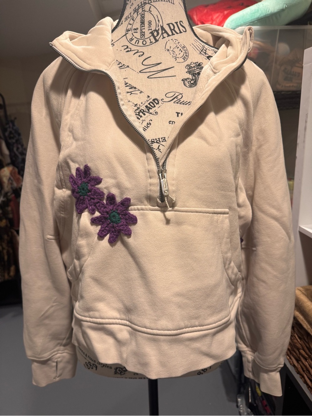 lululemon Cream Scuba Hoodie with Purple Flower Appliqués M/L